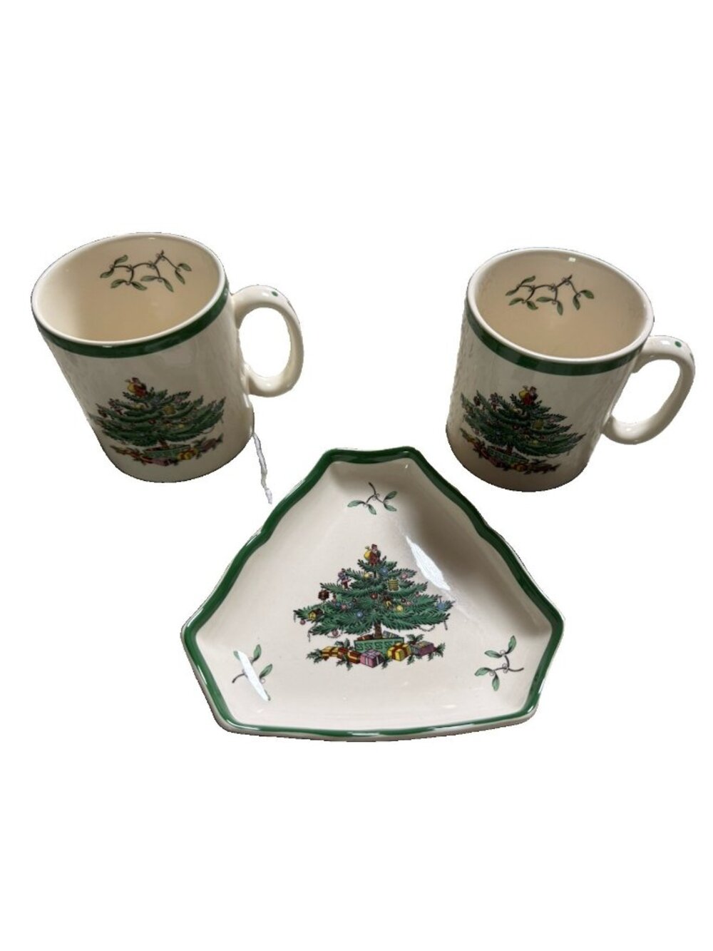 Lot Of 3 VINTAGE Spode Christmas Tree England Mug Pair Candy Dish  Hot Cocoa bar